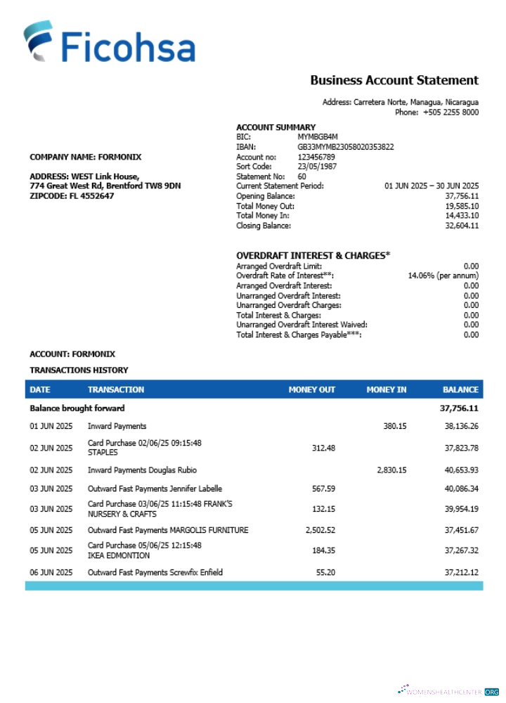 Download Banco Ficohsa business bank statement Word and PDF format (1) Photoshop template